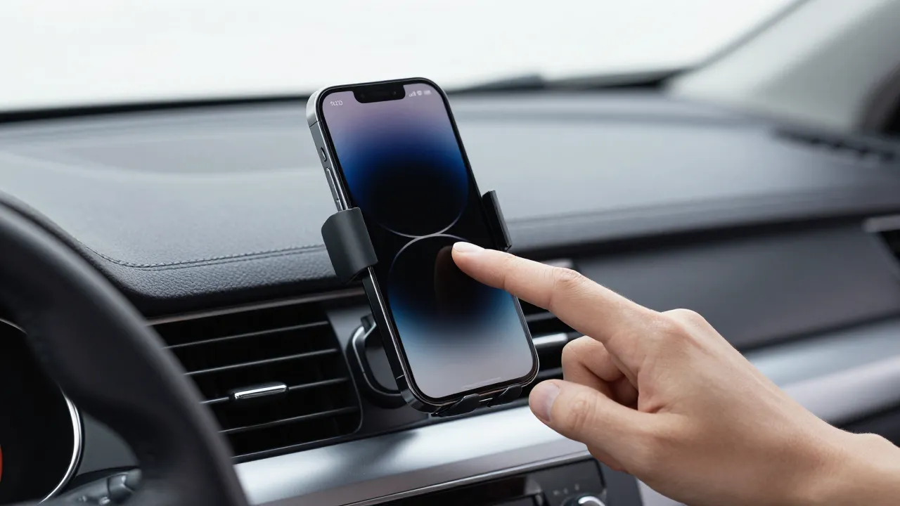 Close-up of magnetic phone mount clipped to car air vent with hand reaching to tap phone screen