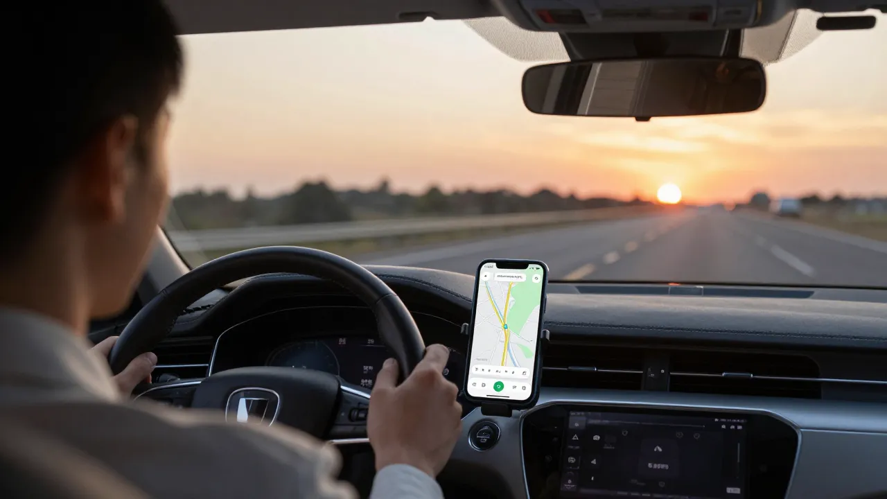 Driver's perspective of dashboard with mounted phone showing navigation and open road through windshield at sunset