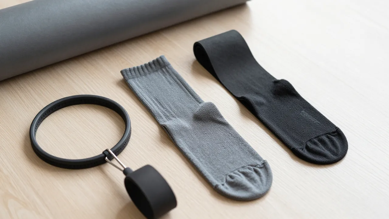 Close-up of Pilates grip socks, resistance band, and ring on light wood floor next to yoga mat