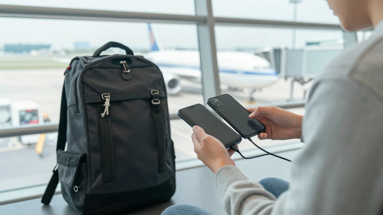 Slim portable charger connected to phone via USB-C cable on cafe table next to a latte