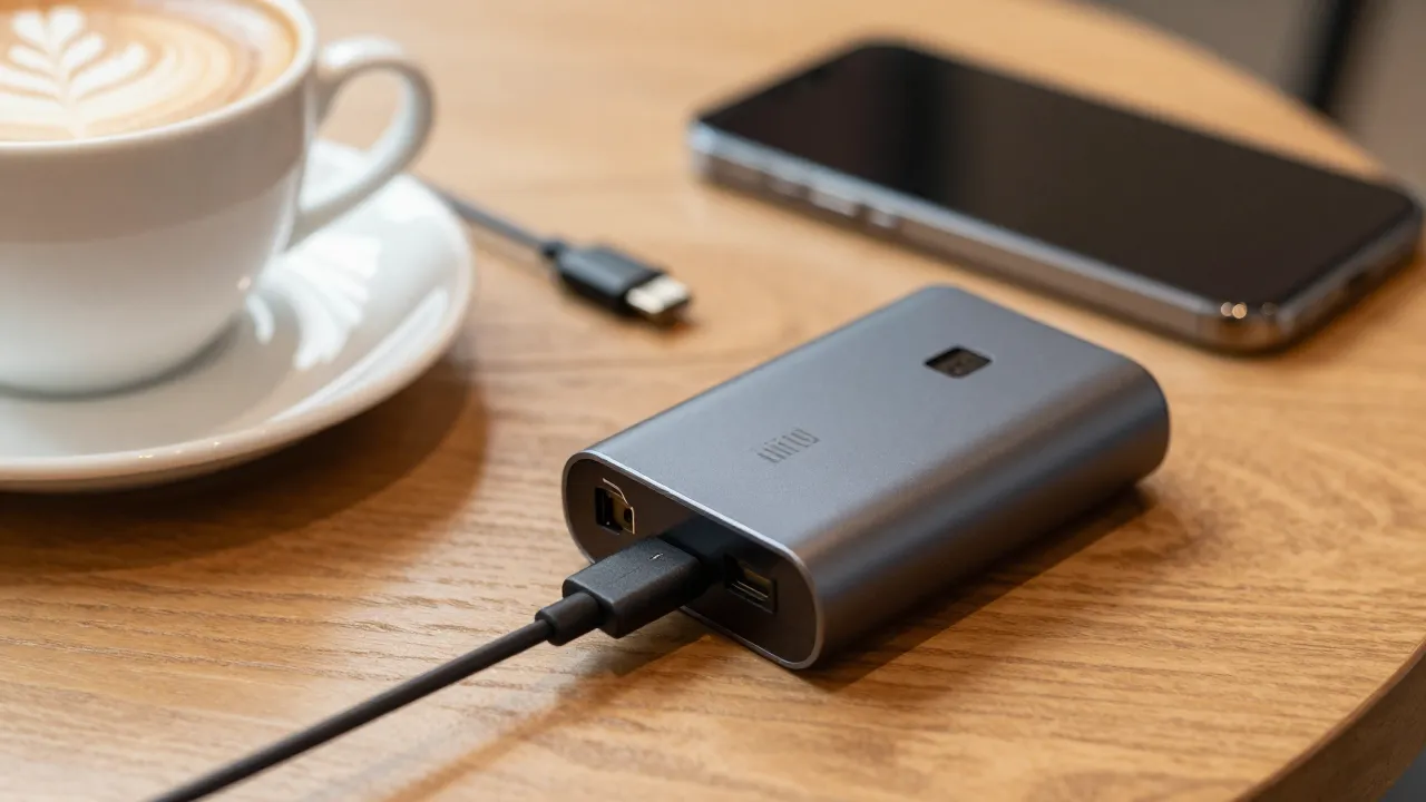 Person charging phone with portable power bank while sitting at airport gate with planes visible