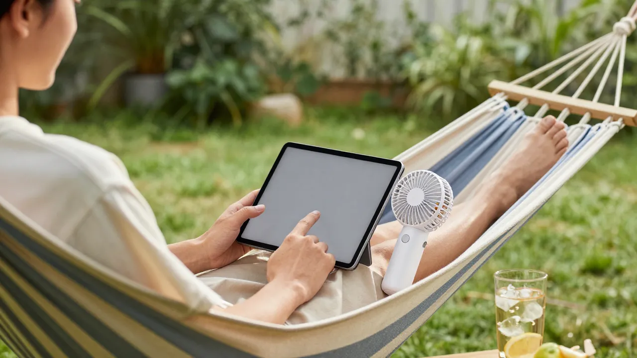 Person relaxing in hammock outdoors using tablet with portable fan clipped to the side