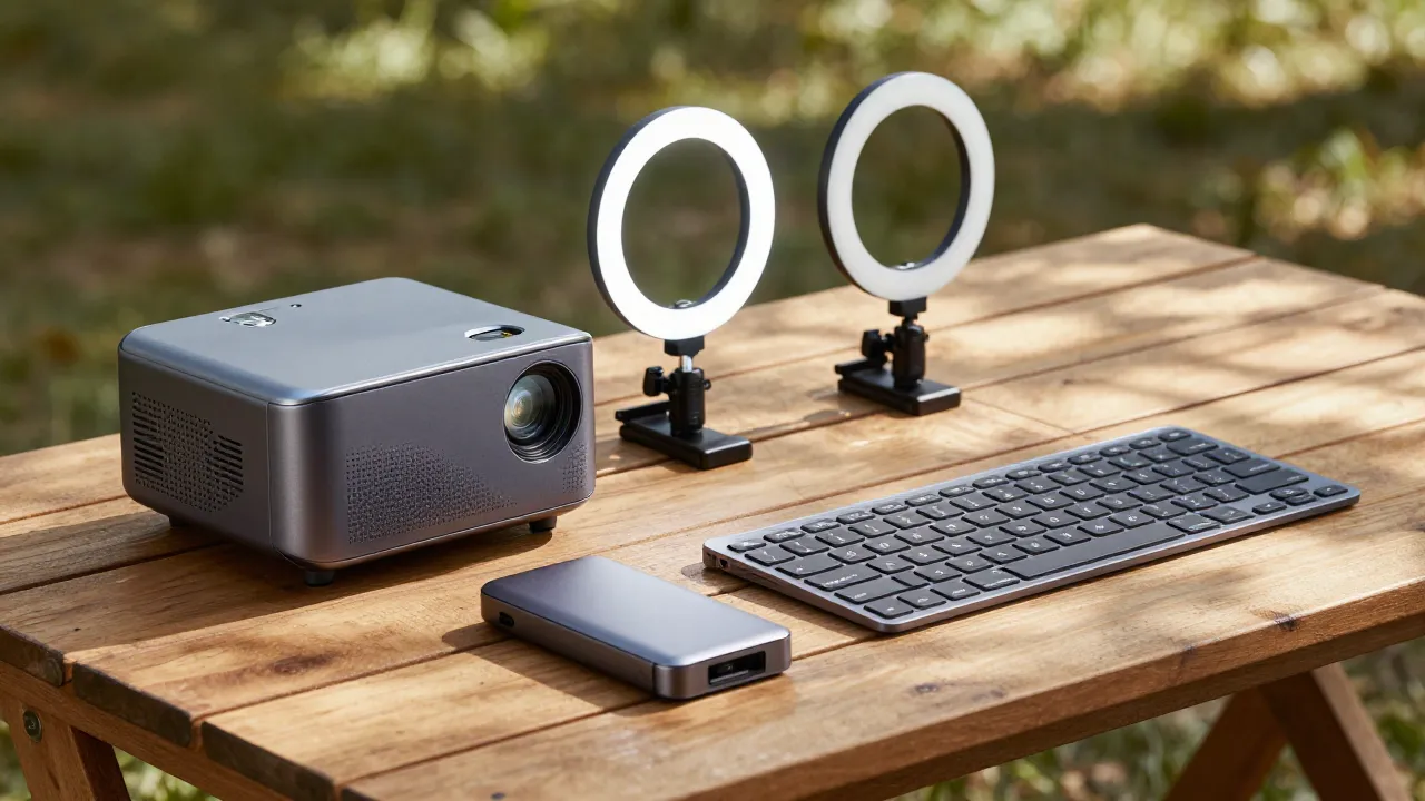Compact portable gadgets on wooden picnic table: mini projector, clip-on light, foldable keyboard, USB-C hub