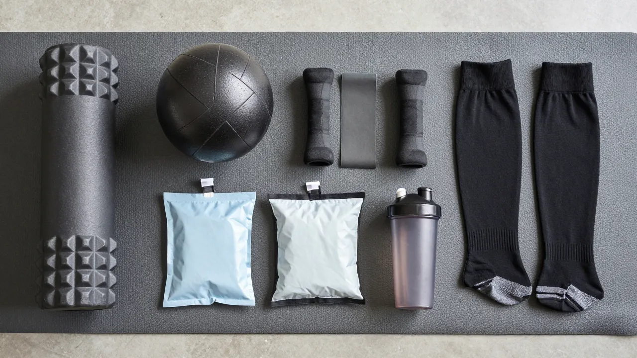 Flat lay of recovery tools on yoga mat: foam roller, lacrosse ball, resistance bands, ice pack, protein shaker