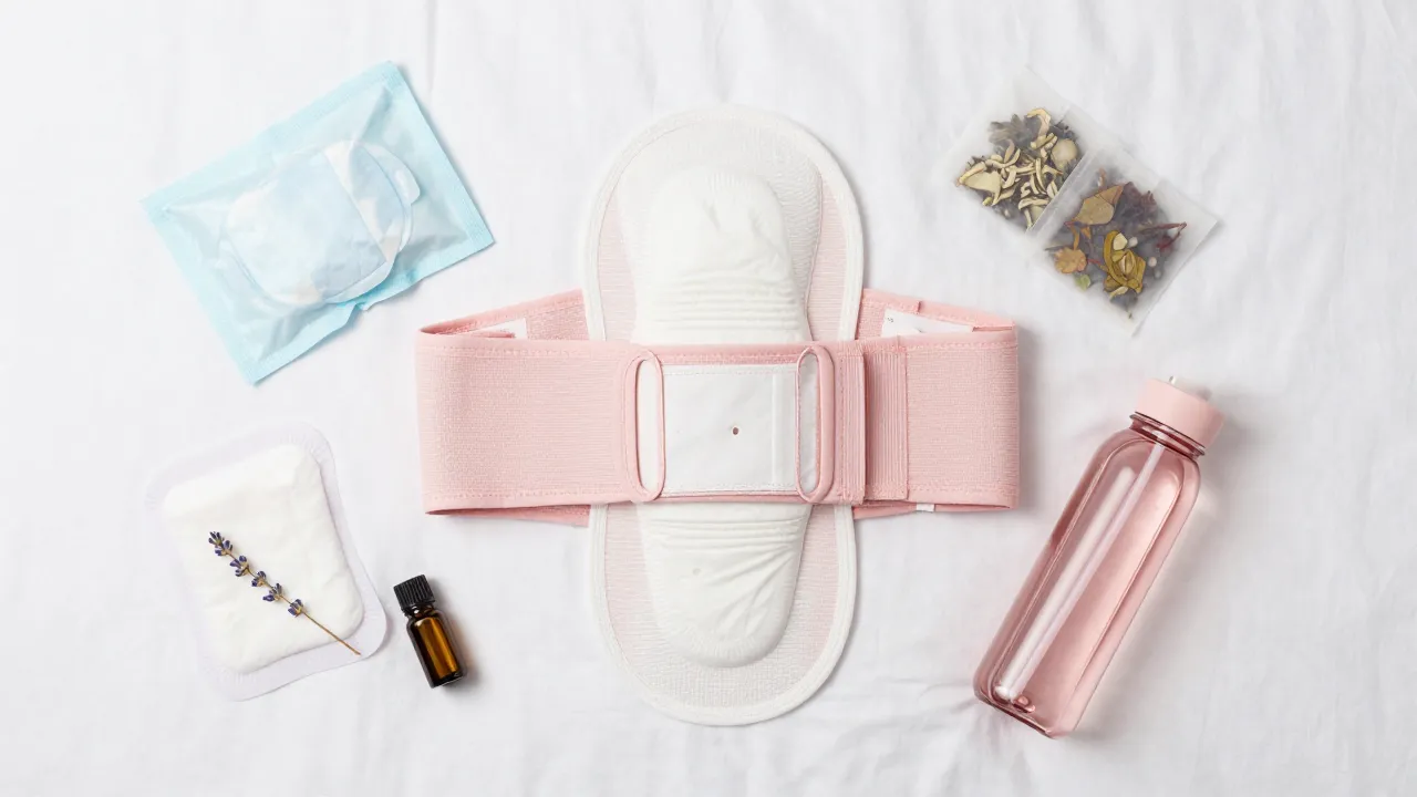Overhead flat lay of postpartum essentials on white bedding: belly wrap, cold packs, nursing pads, herbal tea
