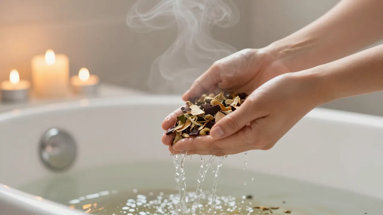 Mother's hands pouring herbal bath soak into warm bath with steam and candlelight