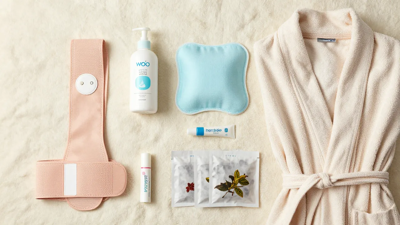 Overhead flat lay of postpartum recovery essentials on a soft cream blanket including belly band and herbal tea
