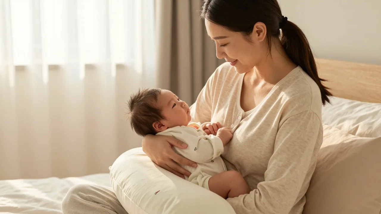 Mother holding newborn while using a nursing pillow in soft bedroom light