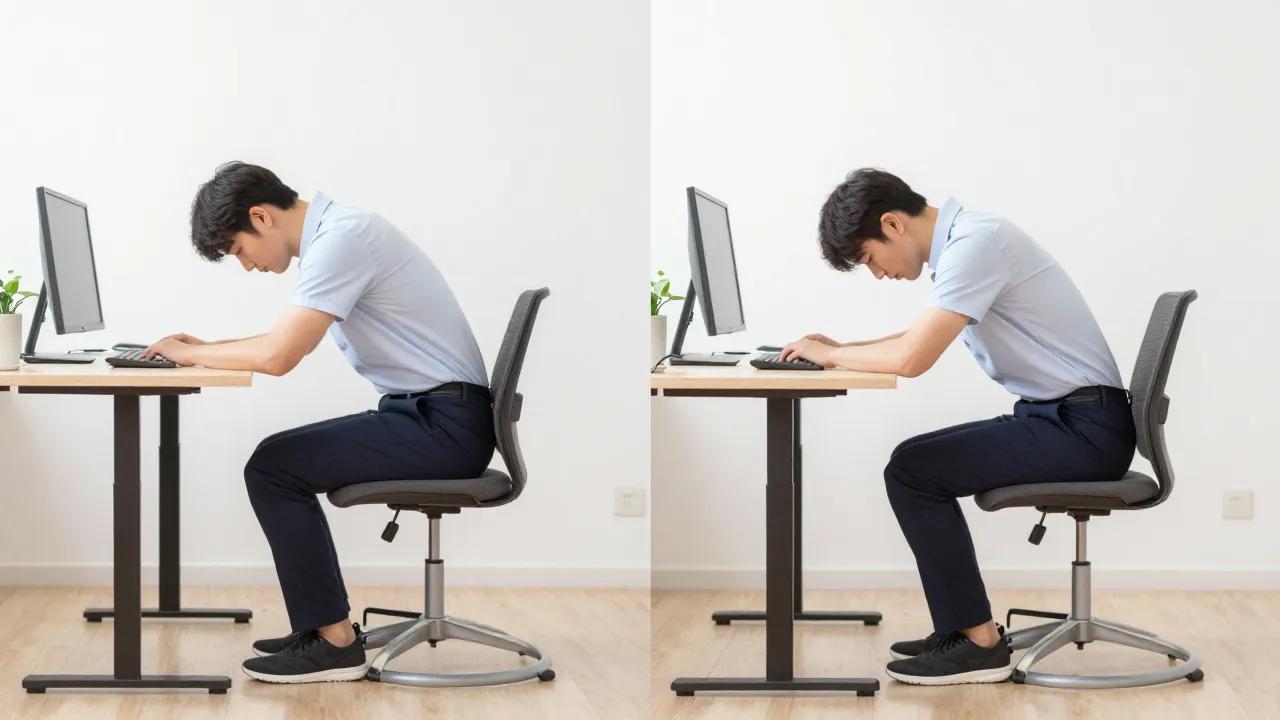 Side-by-side comparison of good posture versus slouching at a standing desk workstation