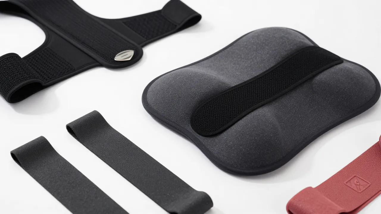 Various posture correction devices laid out on a white surface including back brace and lumbar support
