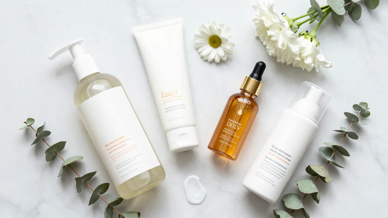 Flat lay of pregnancy-safe skincare products with fresh flowers on a light marble surface