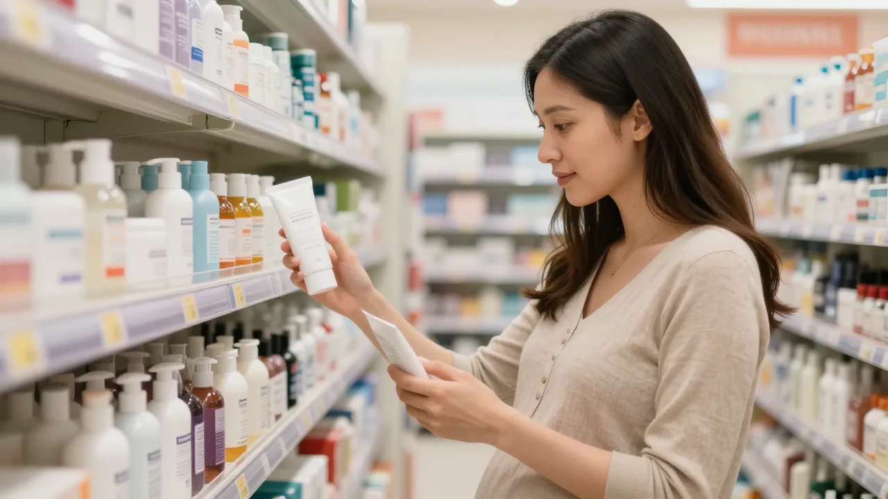 Pregnant woman reading skincare ingredient labels in a pharmacy aisle