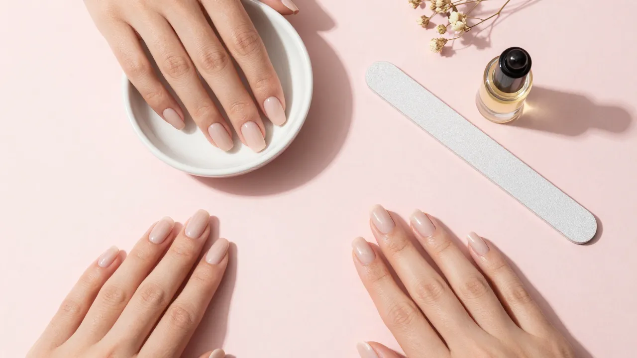 Manicure flat-lay on a blush-pink surface with neutral nude press-on nails in a ceramic dish, a glass nail file, a small bottle of cuticle oil and dried flowers in soft daylight