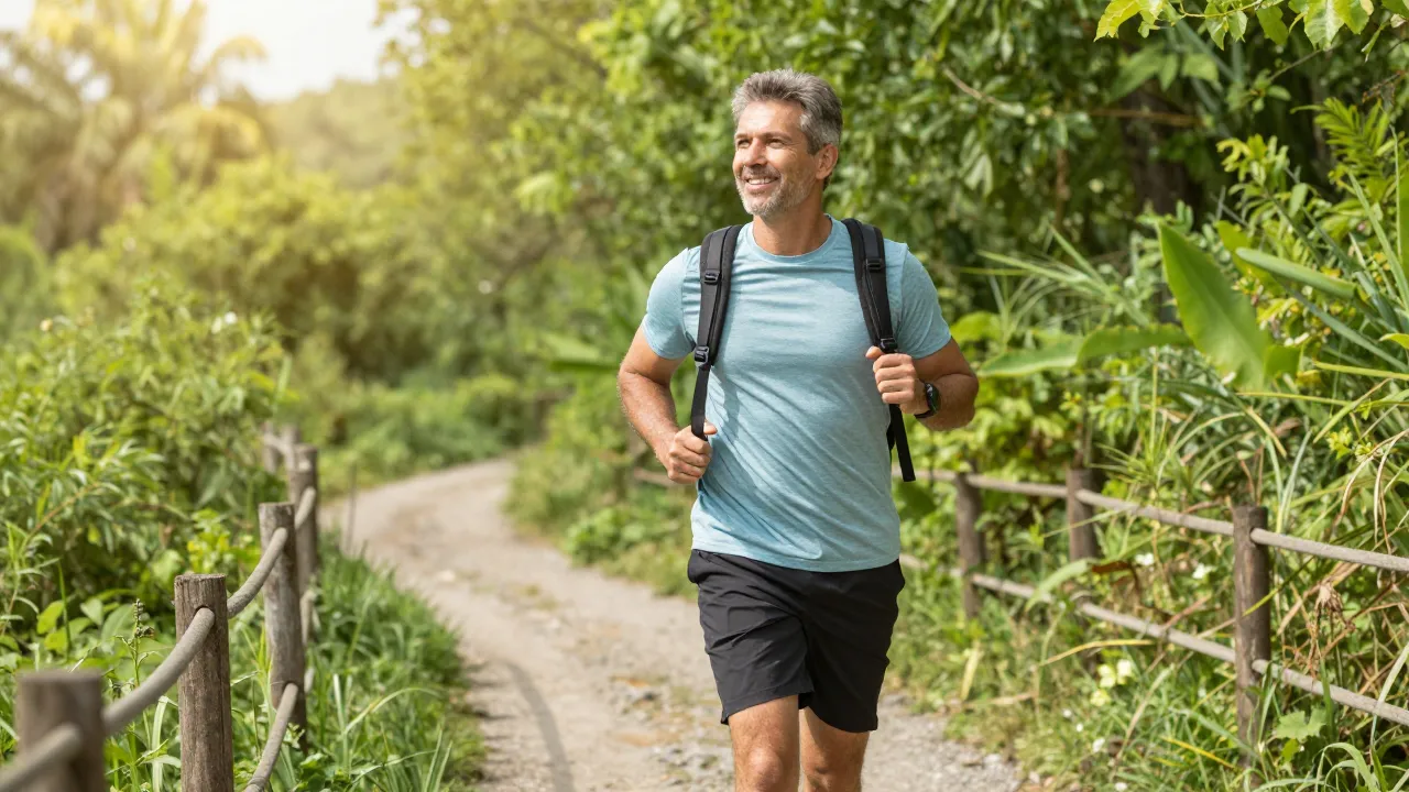 Middle-aged man enjoying an active outdoor hike looking healthy and energetic