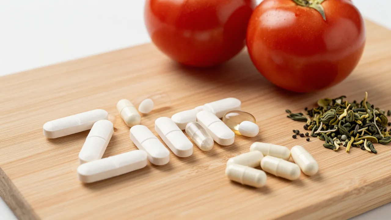 Natural prostate health ingredients arranged on a wooden cutting board including zinc and lycopene-rich tomatoes