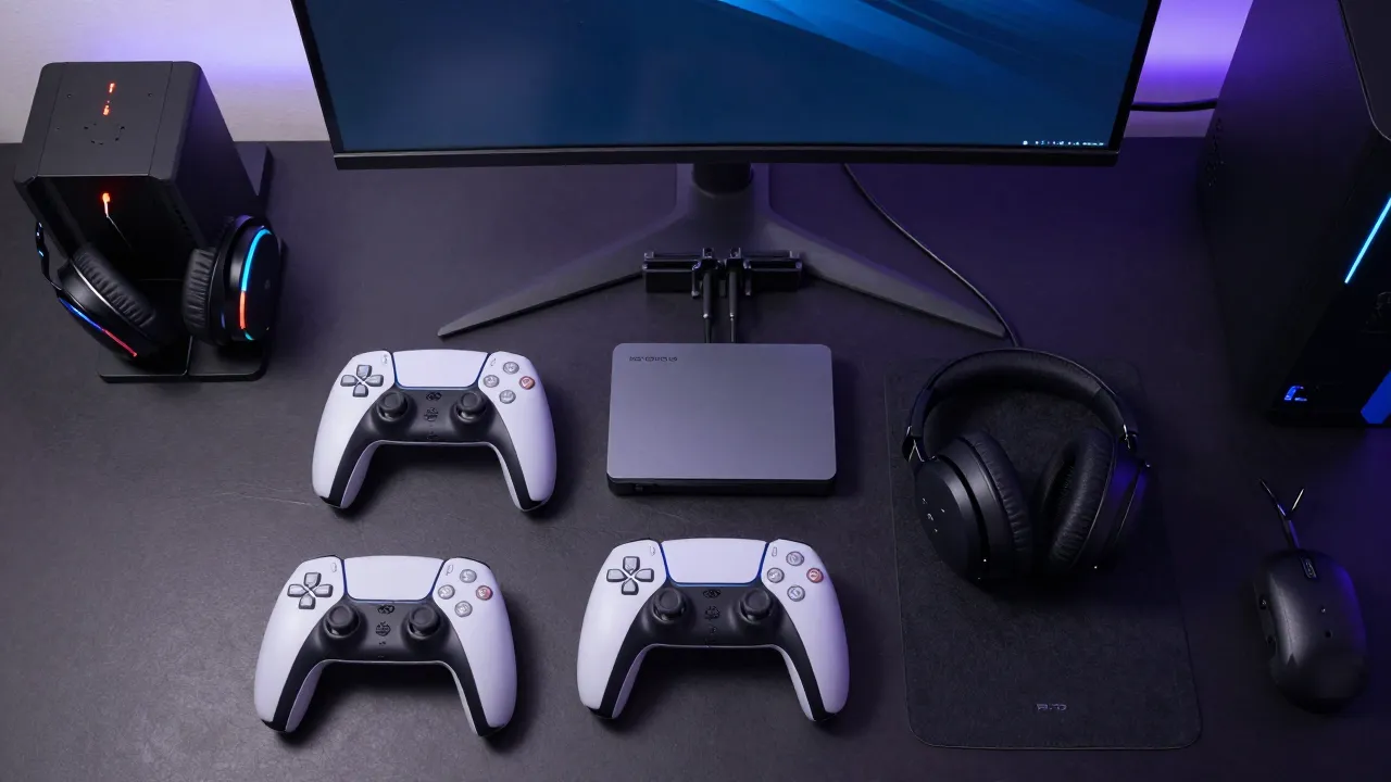 Overhead shot of a gaming desk with PS5 accessories organized neatly with RGB accent lighting