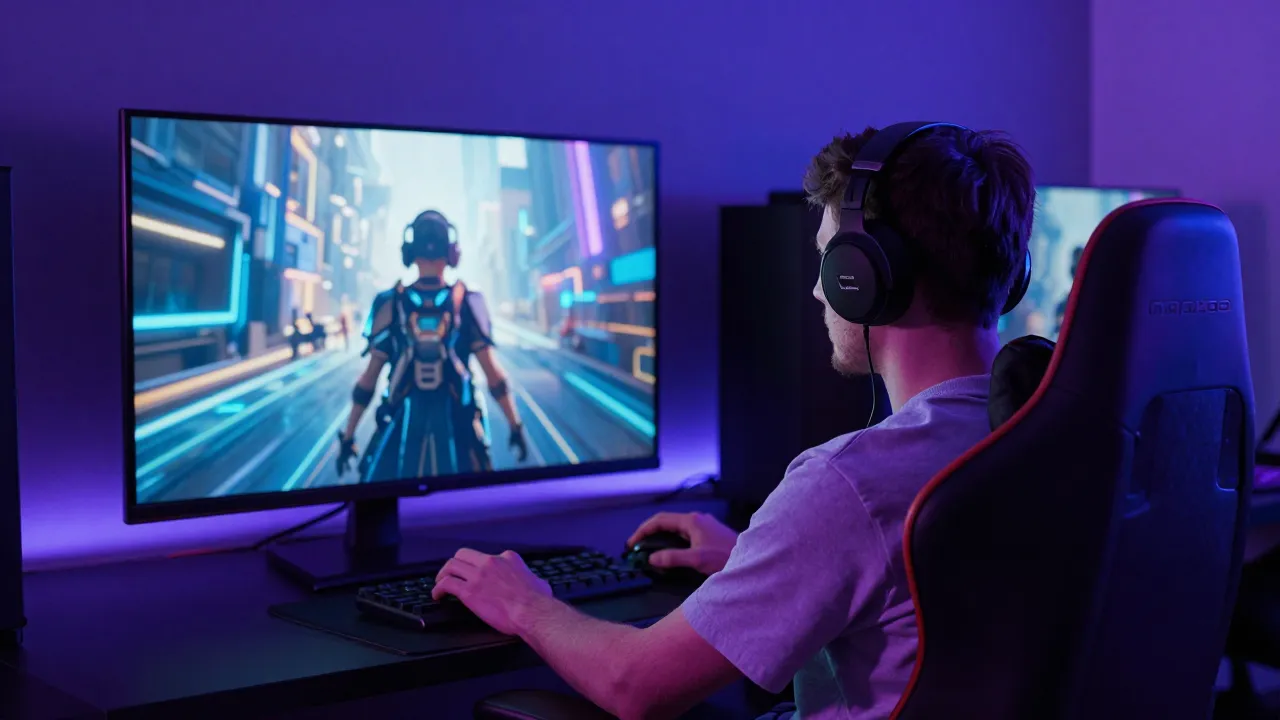 Person playing a video game with immersive surround sound headset in ambient LED lighting