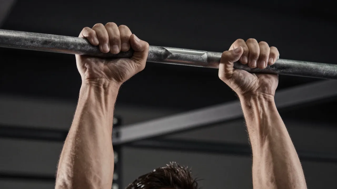 Close-up of strong hands gripping a pull-up bar with chalk dust during a pull-up