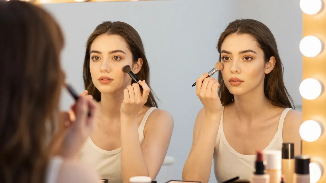 Young woman doing a side-by-side makeup comparison at a vanity mirror with warm lights