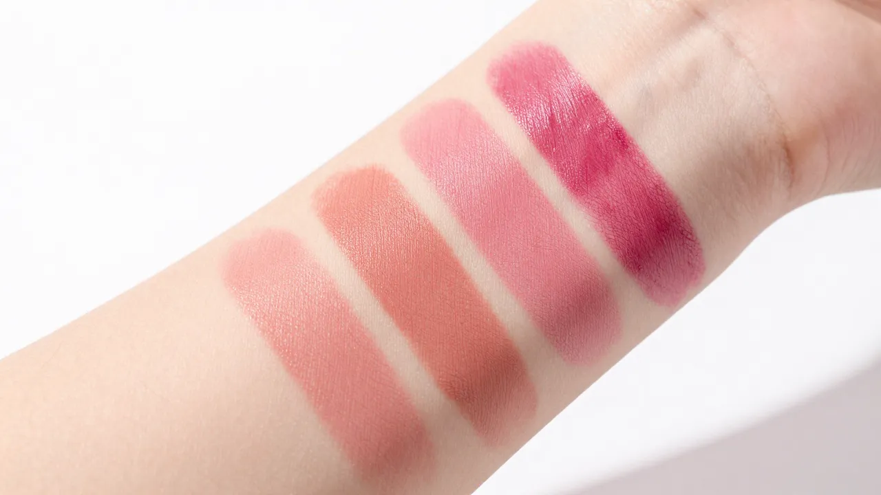Close-up swatches of liquid blush and lip colors on a forearm in rose peach and berry tones