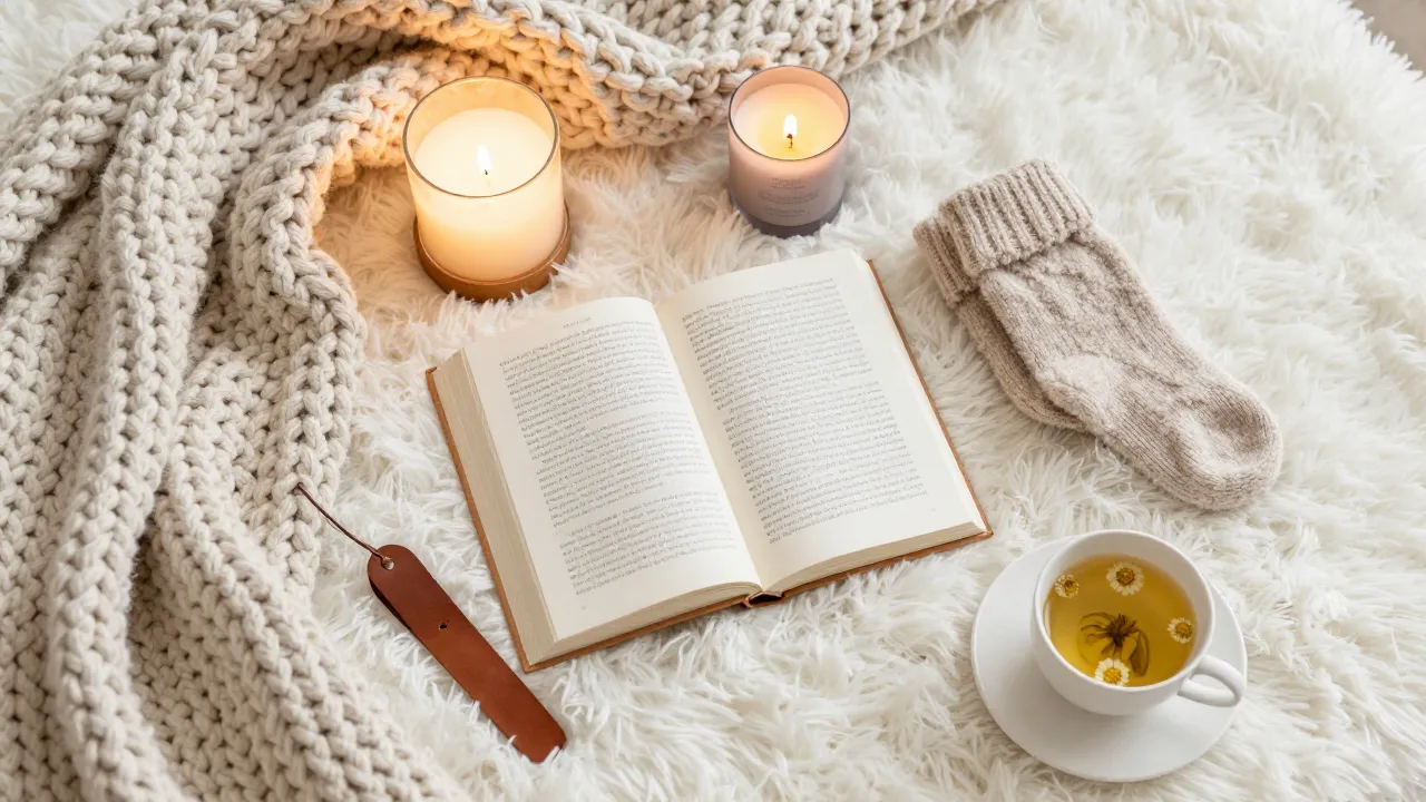 Flat lay of cozy reading accessories on a fluffy white rug including knit blanket and candle