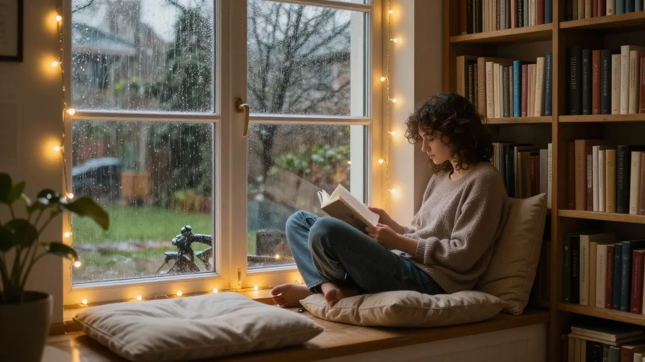 Person curled up reading a book in a window seat reading nook with fairy lights and bookshelf