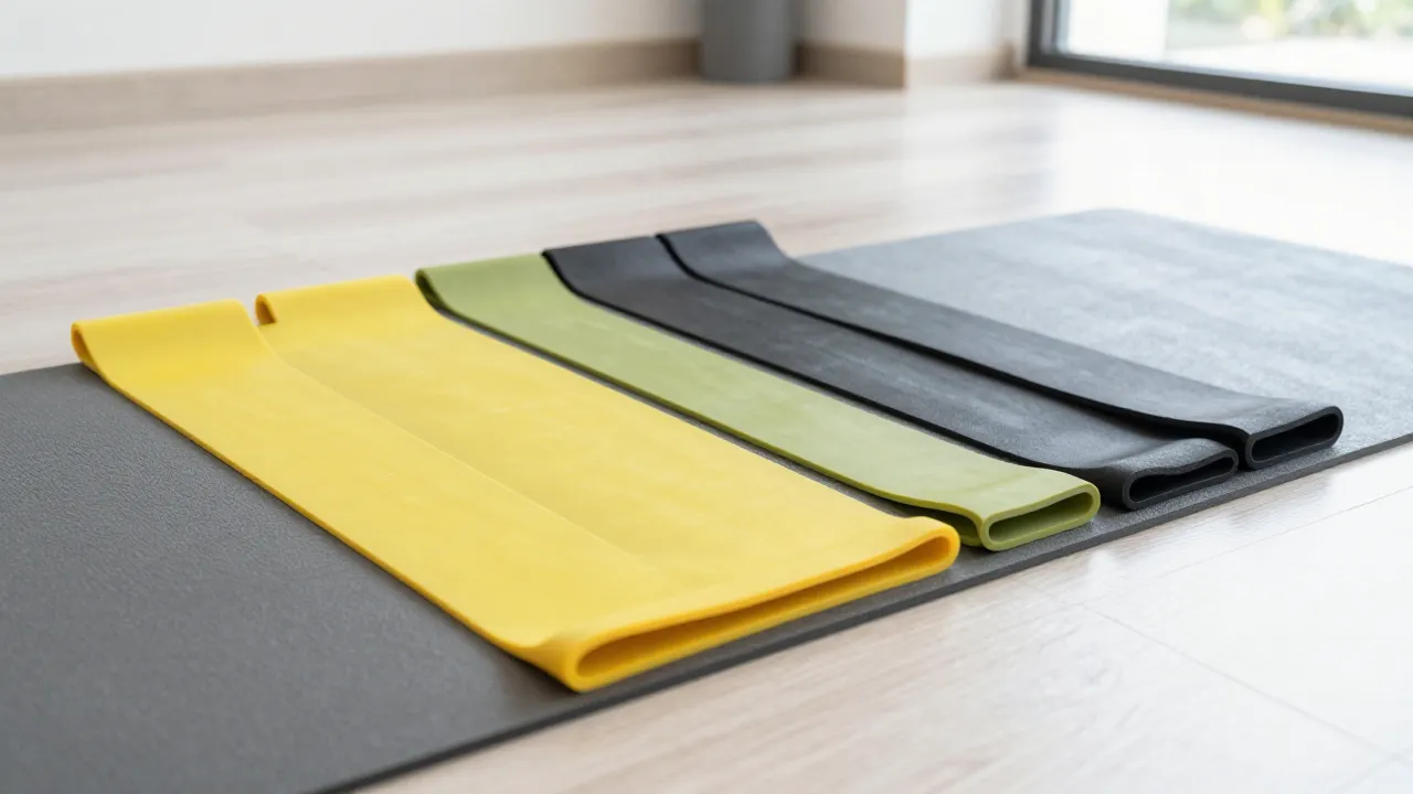 Colorful set of resistance bands in different strengths laid out in a rainbow gradient on a yoga mat