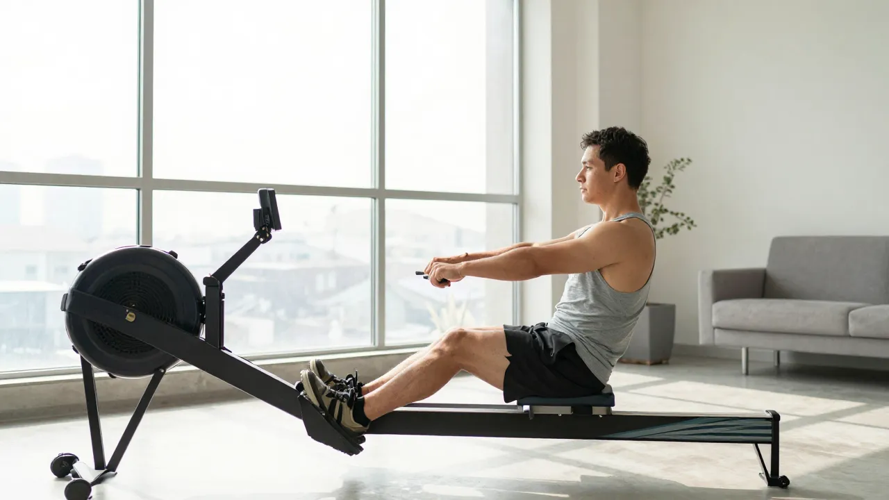 Person mid-stroke on a rowing machine showing proper form in a bright home gym
