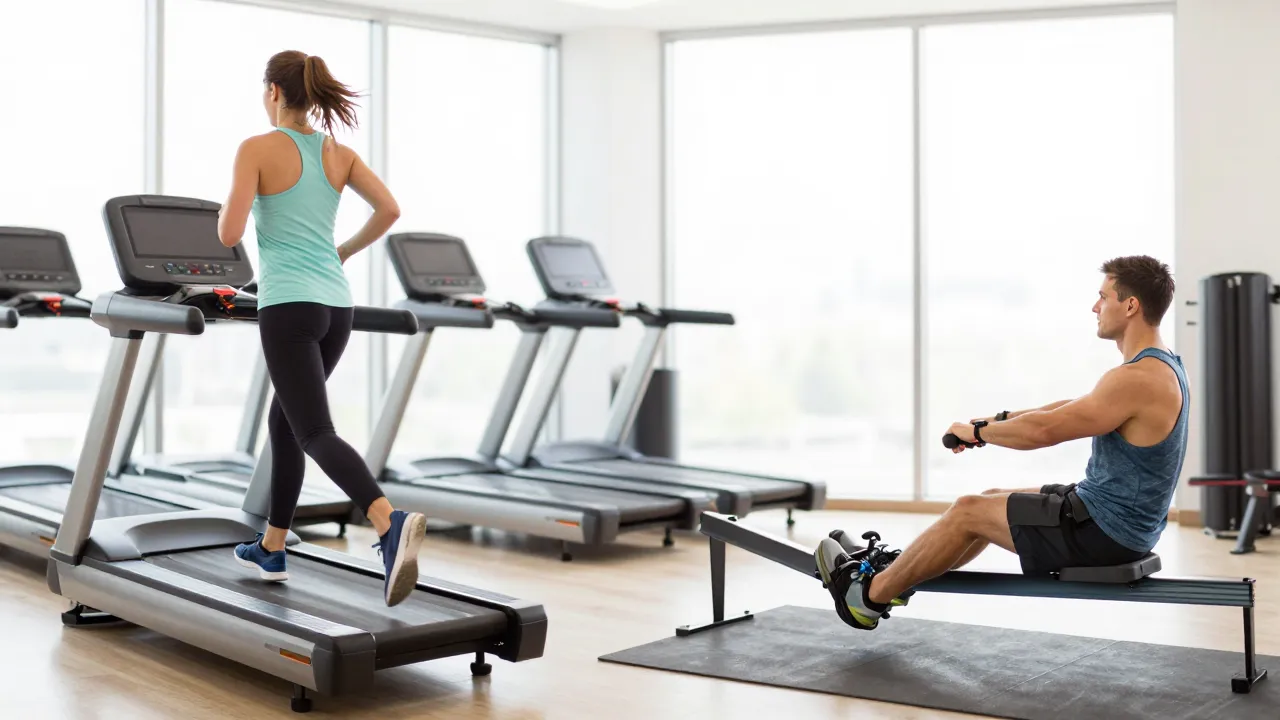 Split comparison of a person running on a treadmill and another rowing in the same gym