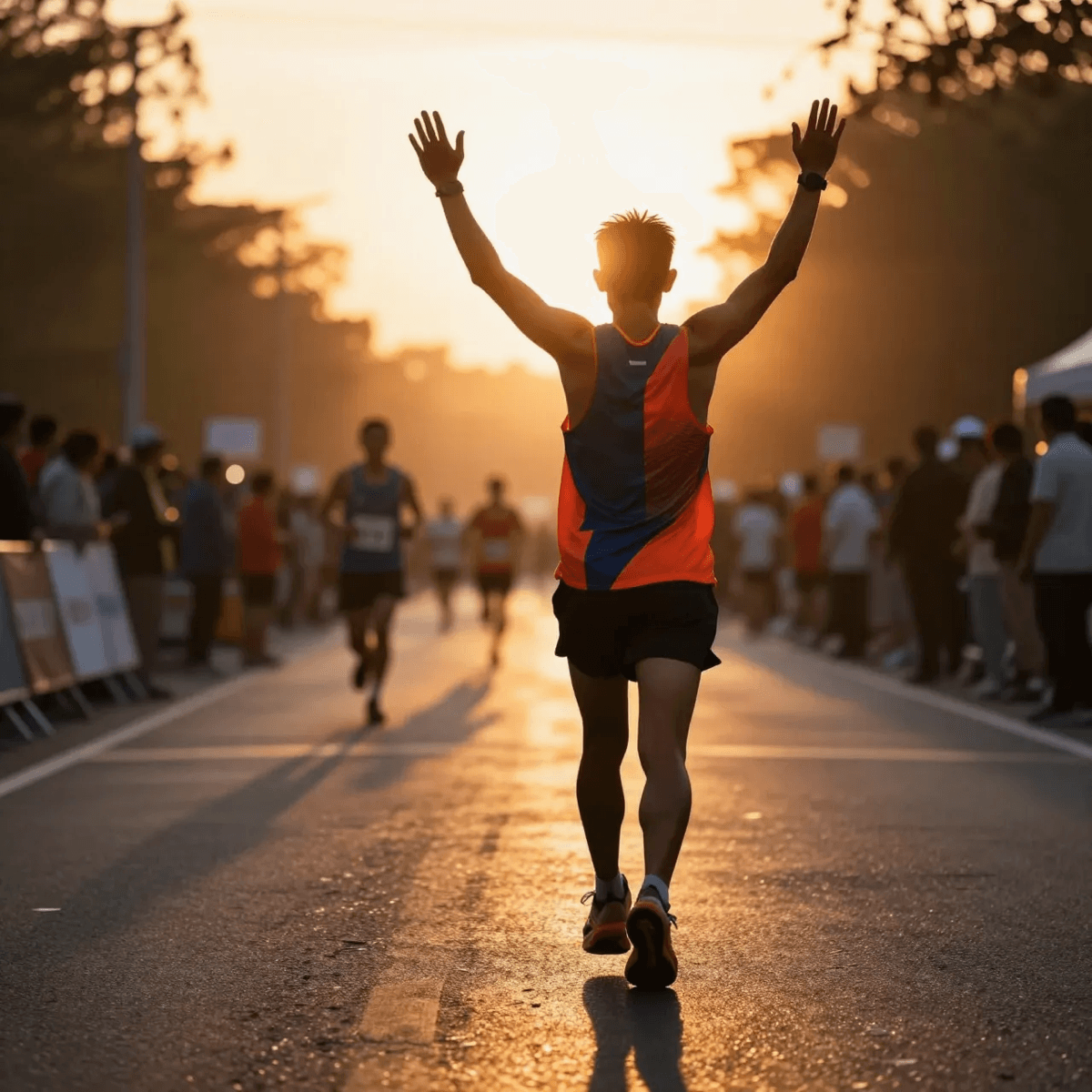 Marathon runner crossing the finish line at sunrise with arms raised in victory