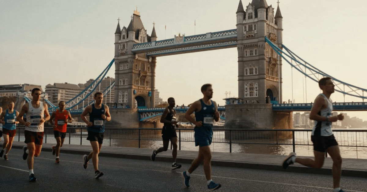 Marathon runners crossing Tower Bridge during the London Marathon at golden hour