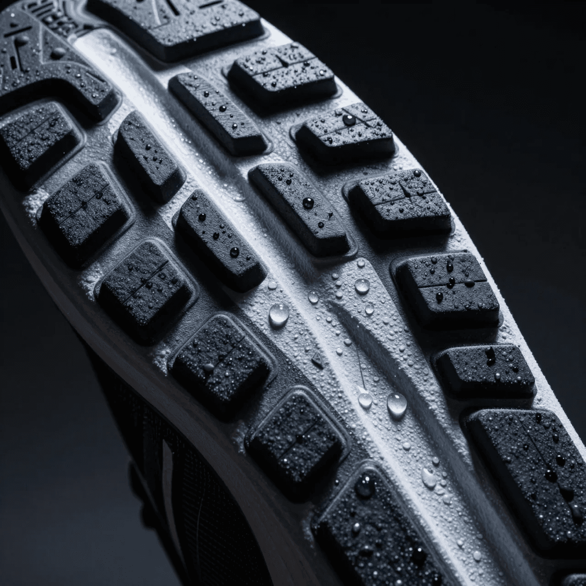 Macro close-up of an athletic running shoe sole tread pattern showing the rocker geometry and rubber outsole detail