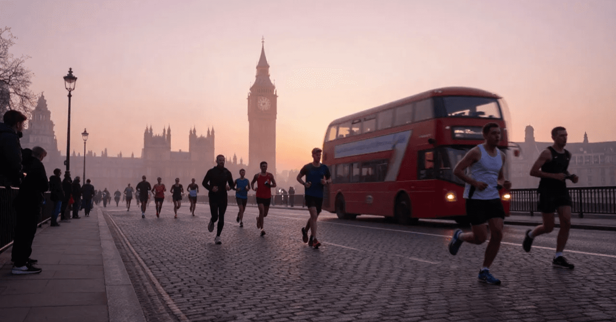 Marathon runners along an empty London cobblestone street at sunrise with Big Ben in the distance and a red double-decker bus in the background