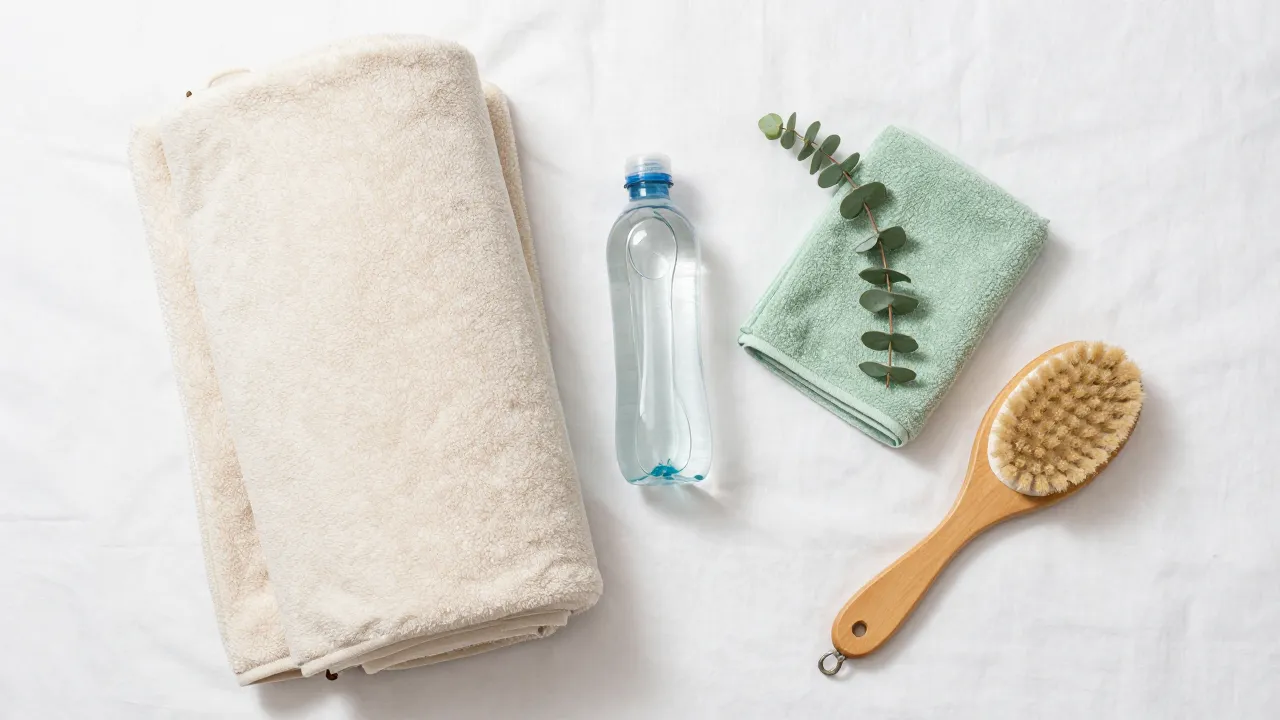 Overhead flat lay of sauna session essentials including blanket mineral water and body brush