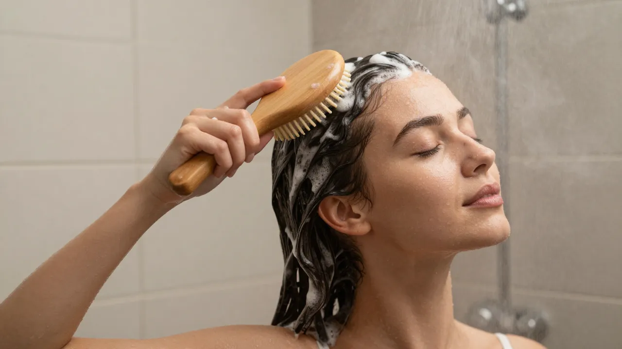 Woman using a scalp massager shampoo brush in the shower with lathered hair