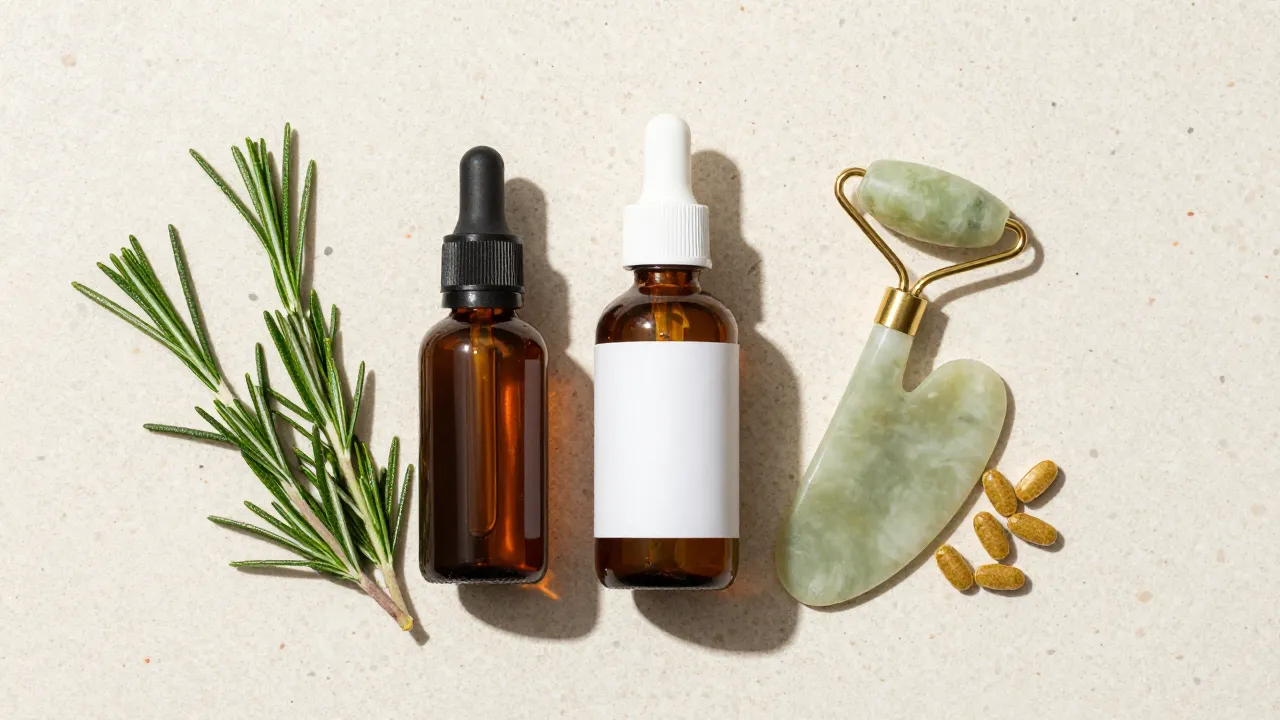 Flat lay of scalp health products on a terrazzo surface with tea tree oil and rosemary sprigs