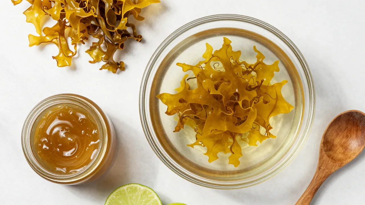 Golden dried sea moss soaking in glass bowl with prepared sea moss gel, limes, and wooden spoon