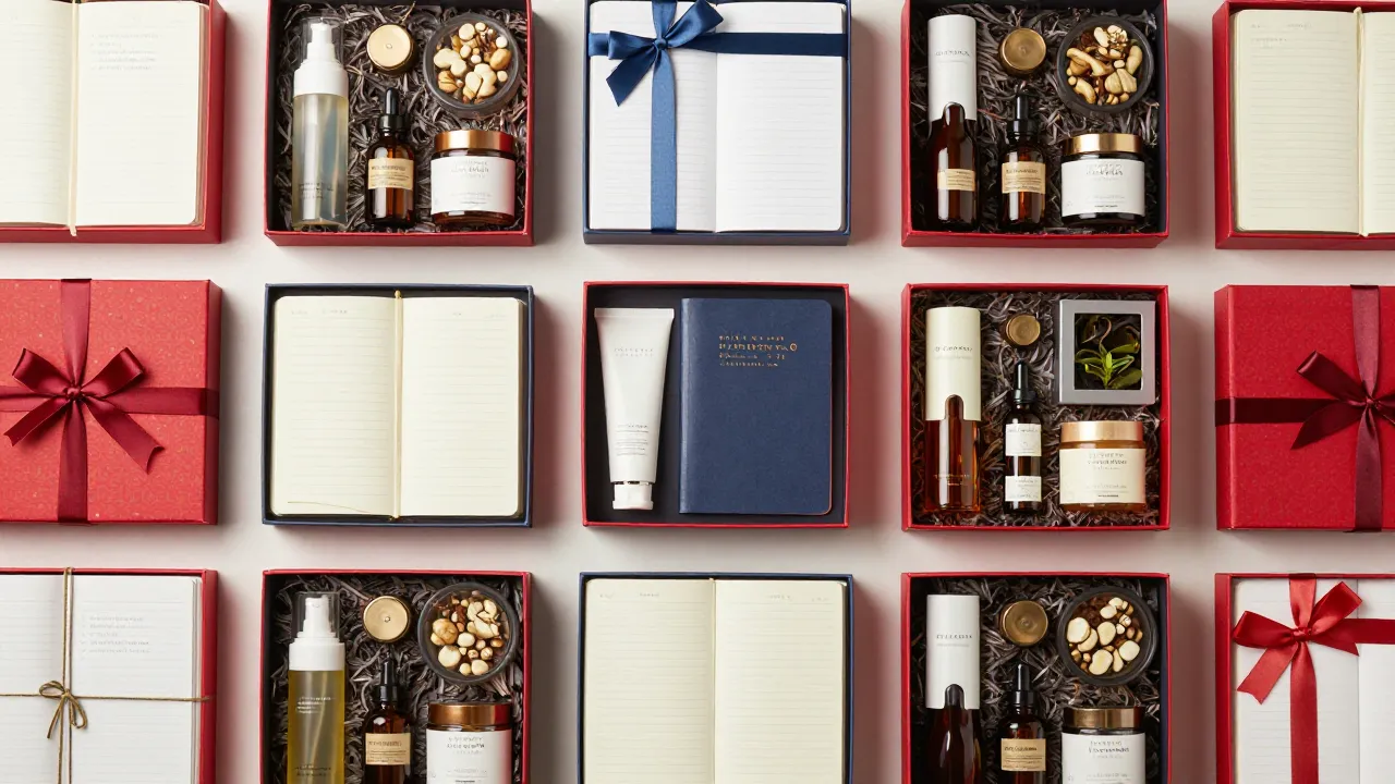 Overhead flat lay of multiple self-care gift boxes arranged in a grid with different wellness items