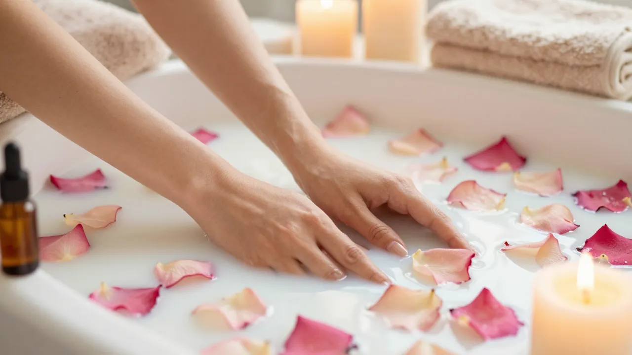 Woman opening a beautifully curated self-care gift box with surprise and delight