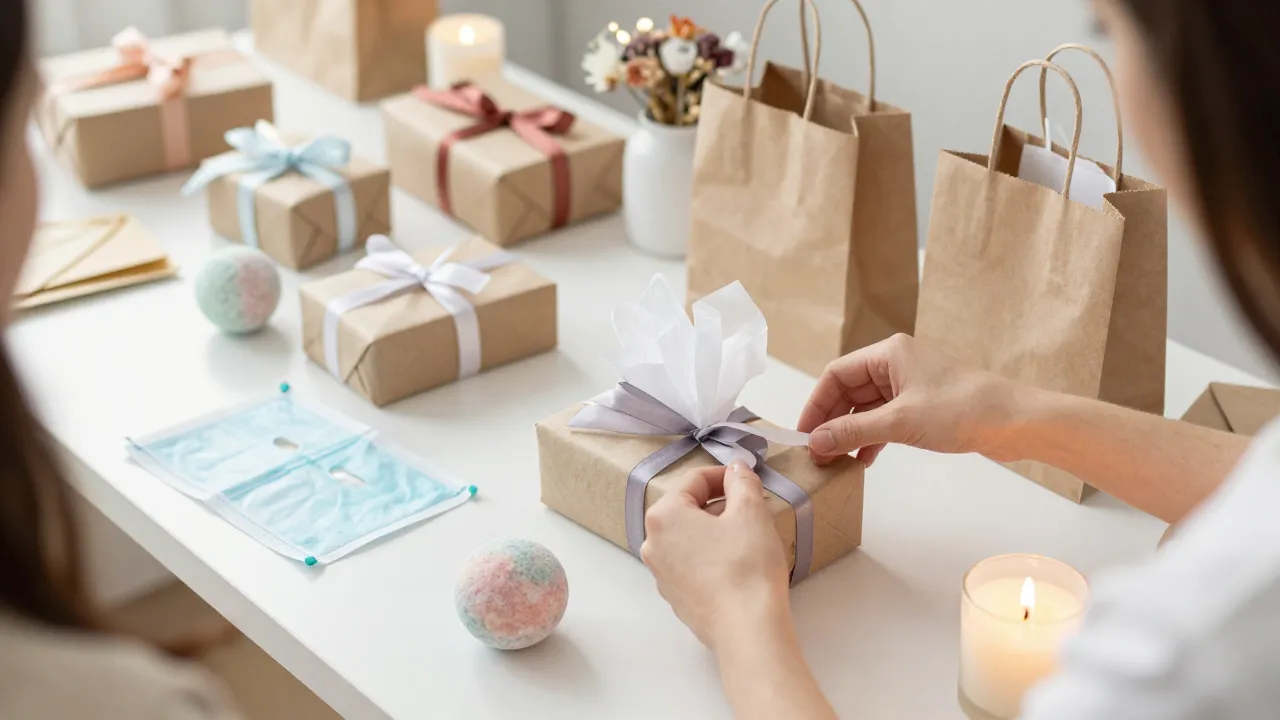 Gift wrapping station with multiple small self-care gifts being wrapped in tissue paper and ribbon