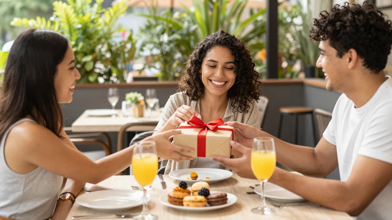 Three friends exchanging small self-care gifts at a brunch table laughing together