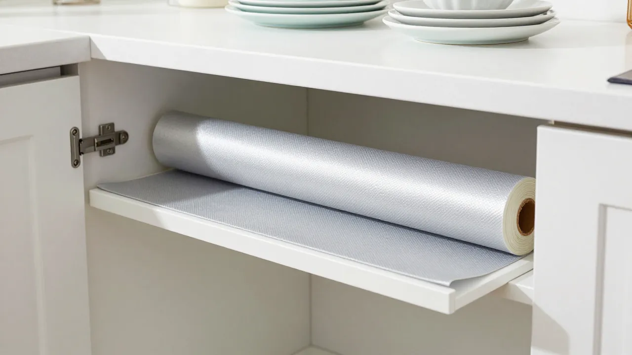 Roll of non-slip shelf liner being unrolled inside a kitchen cabinet showing textured grip surface