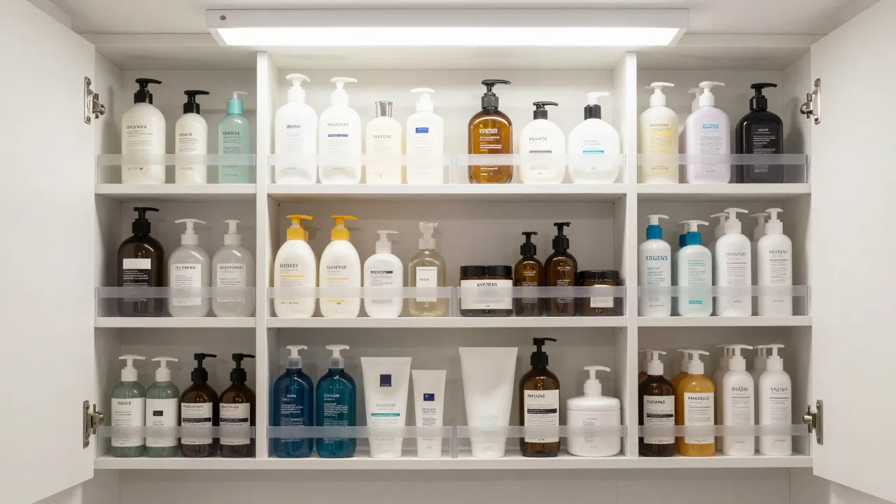 Neatly organized bathroom cabinet with shelf liners protecting each shelf holding toiletries