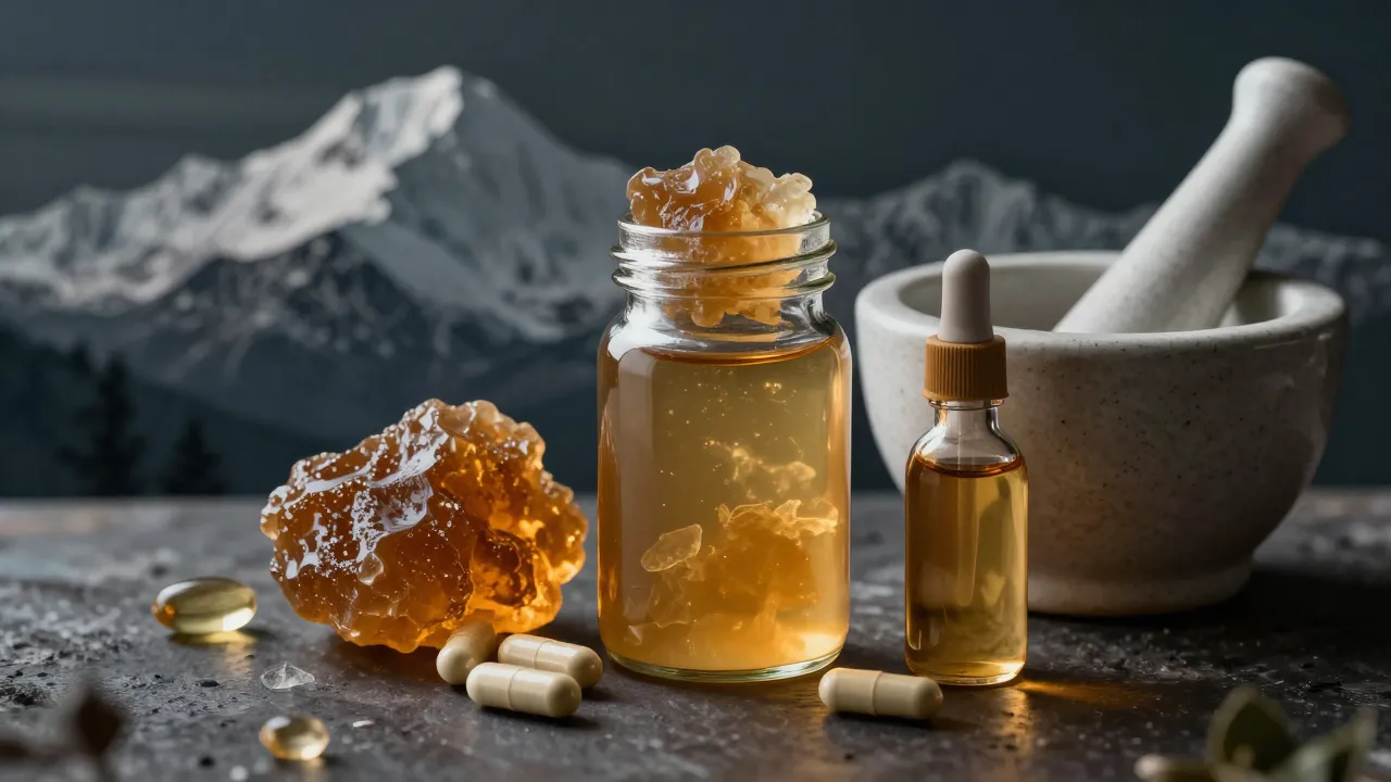Close-up of shilajit in different forms including resin capsules and liquid drops