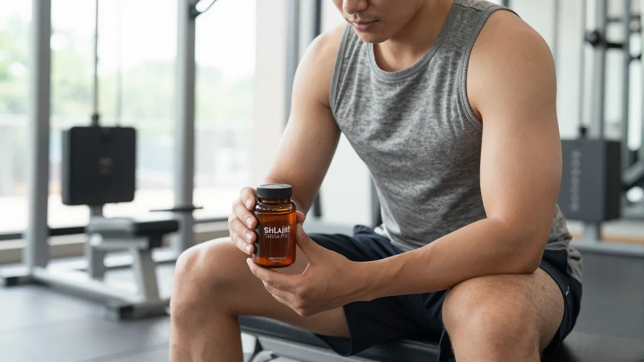 Fit man working out in a gym with shilajit supplement jar visible on a bench