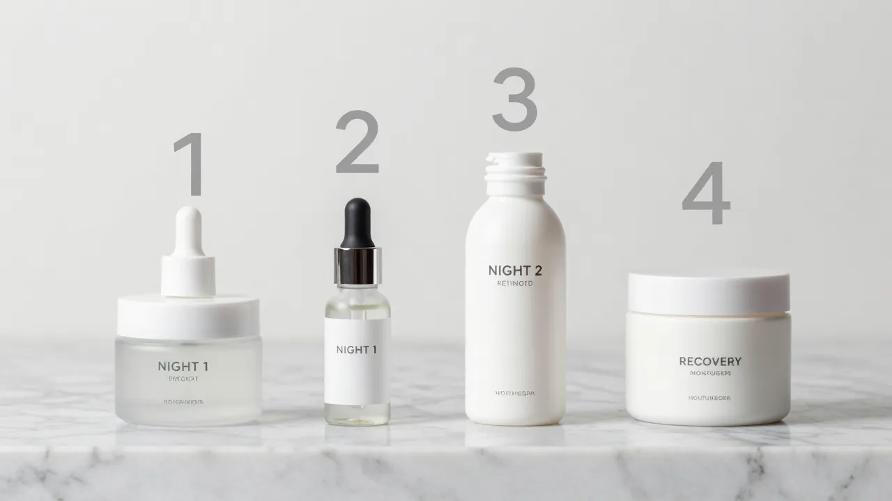 Four skincare products arranged in numbered sequence on marble representing a skin cycling routine