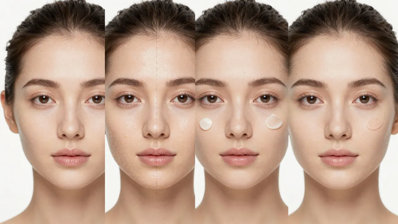Creative four-quadrant view showing skin cycling progression from exfoliation to recovery