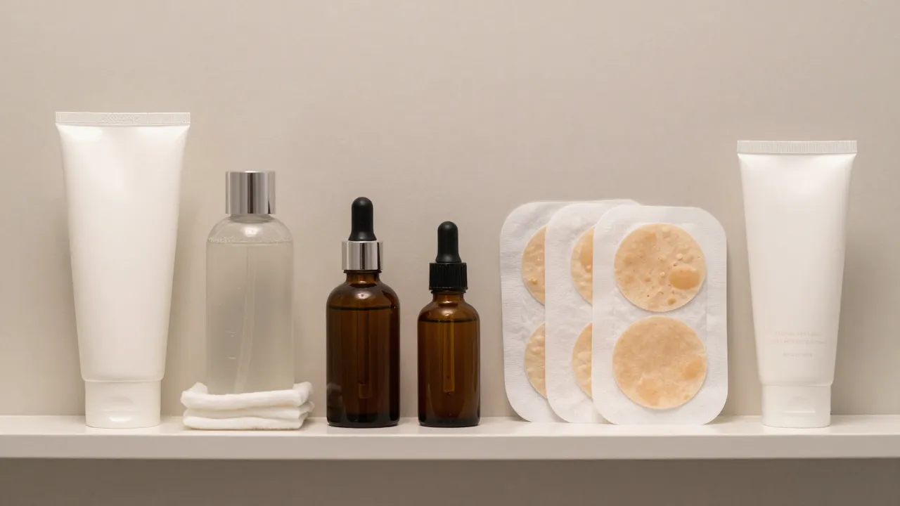 Complete acne skincare routine in order with cleanser, toner, treatment serum, spot patches, and moisturizer