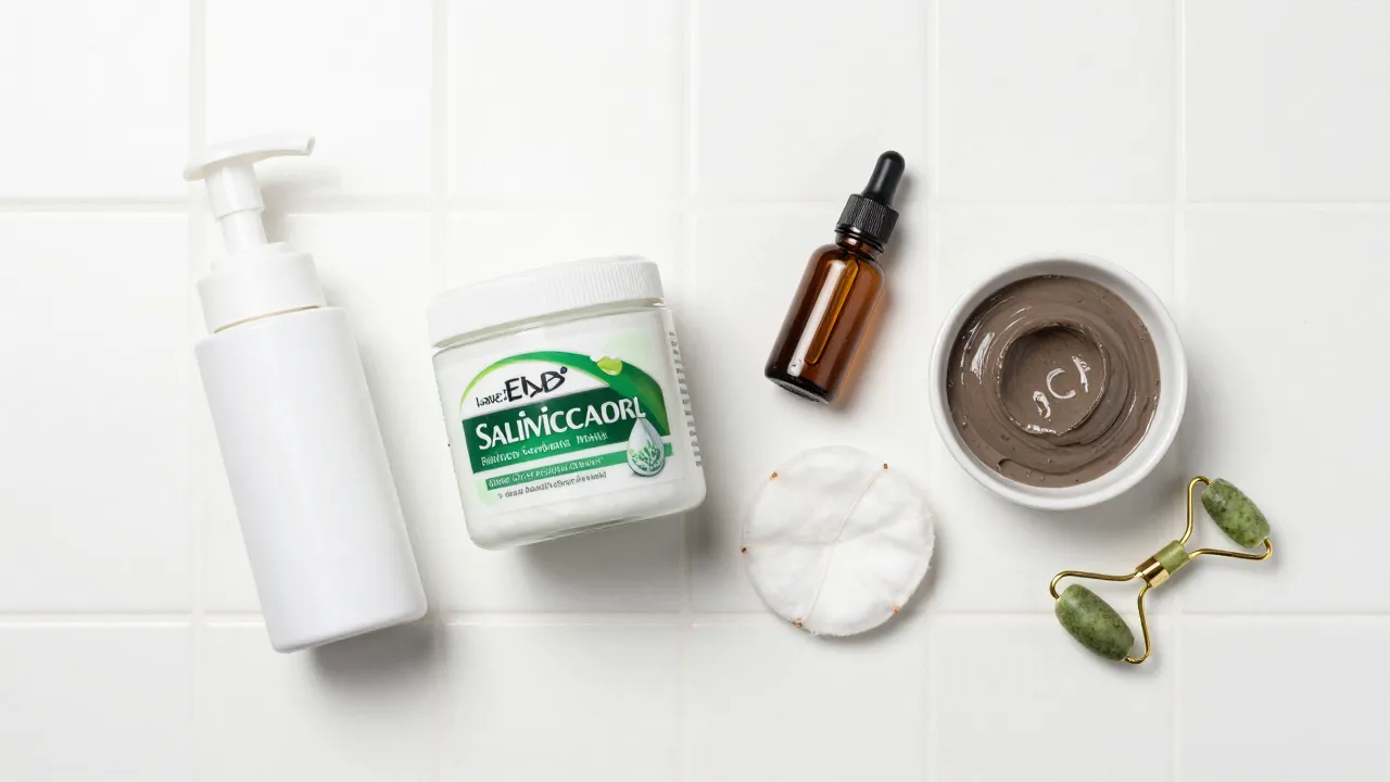 Acne-fighting skincare essentials flat-lay with foaming cleanser, salicylic acid pads, clay mask, and ice roller