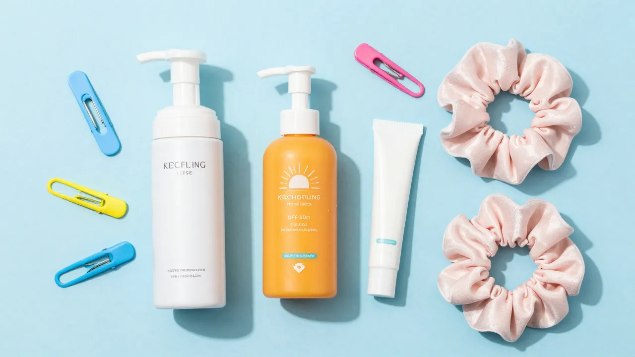 Flat lay of a simple teen skincare routine with cleanser SPF moisturizer and spot treatment on pastel background